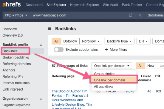 Navigate to ‘Backlinks’ in Ahrefs